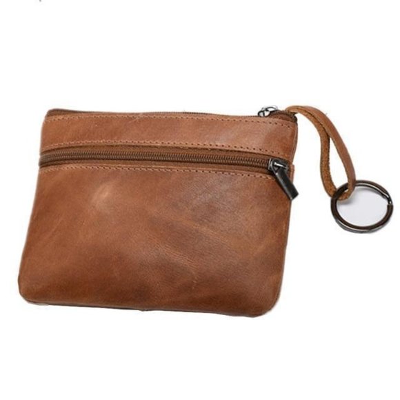 Brown Genuine Leather Coin Wallet Pouch Zipper 3 Color Options - Picture 1 of 6